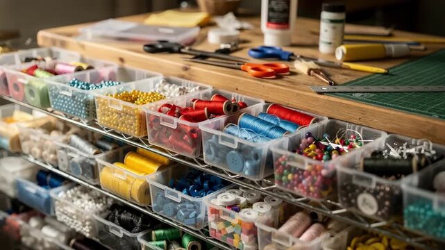 Focused view of organized bins filled with colorful craft supplies on a rack with a blurred workbench and scattered tools behind.