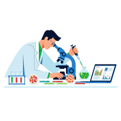 Scientist examining cells under microscope with laptop and lab equipment