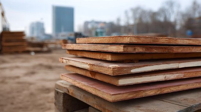 A stack of layered plywood sheets rests on a wooden pallet at an outdoor construction site with urban buildings in the background