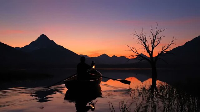 Silhouette of a man rowing a boat on a serene lake at sunset, mountain backdrop, orange reflections in the water, peaceful, atmospheric, nature