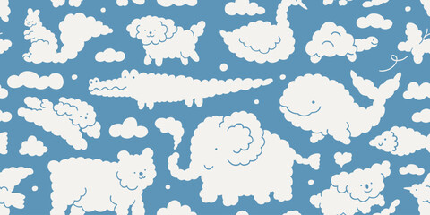 Seamless pattern with white clouds in the shape of animals on light blue background. Cloud dancer and blue colors. Different cloudy animal set. Print for kids, banner design. Elephant, whale. © Anna