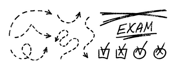 Obraz premium Hand-drawn educational doodles including dashed arrows, EXAM text, and checkmarks. Vector set for school projects, testing, and progress tracking. Exam grade marks, textured elements set.