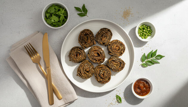 Savory Indian Food A Close-Up of Delicious Patra Rolls with Accompaniments