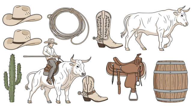 Rustic collection of cowboy and rodeo elements includes a bull rider lasso boots saddle barrel and prickly cactus.
