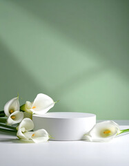 Elegant Floral Display: A pristine cylindrical podium is embraced by delicate calla lilies, casting gentle shadows against a serene green backdrop.