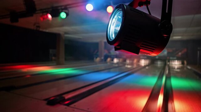 Focused view on robotic moving head light rotating above lanes dispersing vivid multicolor light with softly diffused bowling alley backdrop.