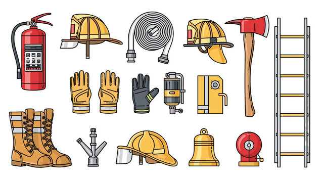 comprehensive collection of firefighting equipment including a fire extinguisher, helmets, axe, ladder, hose, and protective gear.