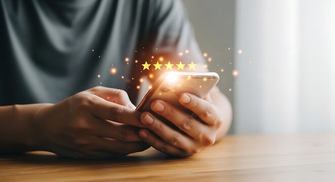 Person holding smartphone with glowing effect on screen at wooden table.