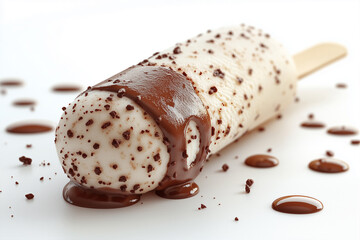 Vanilla ice cream bar melting with chocolate sauce