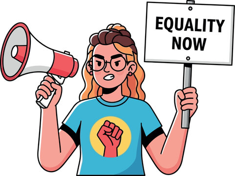 Illustration of an SJW activist holding a placard in one hand and a megaphone in the other, isolated on white background