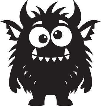 Cartoonish black silhouette of a friendly monster with horns and big eyes vector illustration