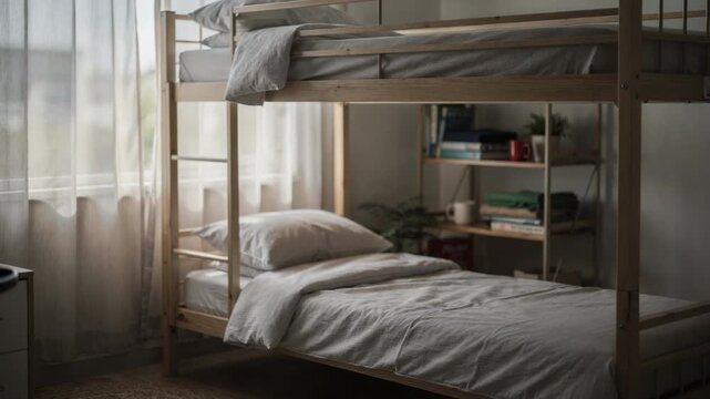 Focus on a single bunk bed in a simple decorated dorm with blurred background of shared window space and shelves highlighting personal belongings.