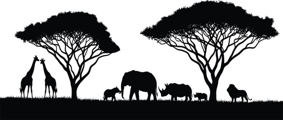 African Safari Landscape with Silhouettes of Giraffes, Elephants, Rhinos, and Lion Under Acacia Trees in Savanna Grassland Nature Scene © MdAtiar