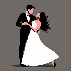 Młoda para tańcząca sw&oacute;j pierwszy taniec. Mężczyzna w garniturze, kobieta w sukni ślubnej