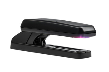 A modern black stapler with a sleek design on a black background