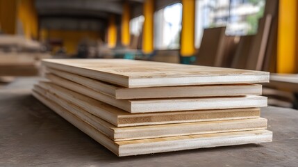 A stack of unfinished wooden boards or plywood rests on a surface in a bright workshop