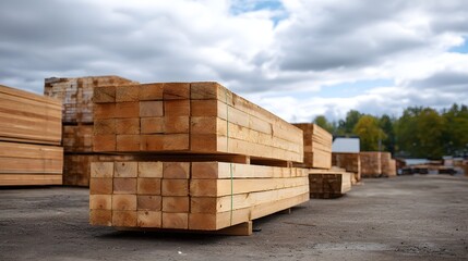 Stacks of natural wood lumber are neatly piled in an outdoor lumber yard under a cloudy sky