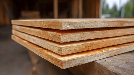 A stack of natural wood boards showing texture and layers resting on a wooden surface