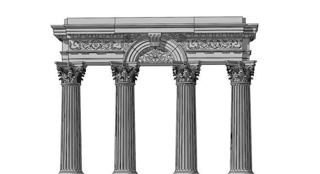 Classical Greek Corinthian columns with ornate architrave and floral frieze illustration.