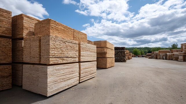 Large stacks of layered wood panels and lumber are stored outdoors in a lumber yard under a cloudy blue sky