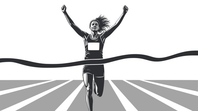 Woman runner crossing the finish line. Silhouette of athletic looking female runner running. Transparent background SVG version.