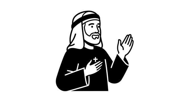 Line art illustration of a man in traditional Middle Eastern or religious clothing.
