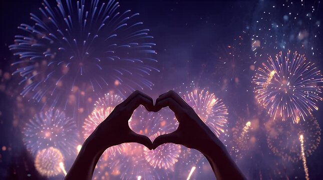 A pair of hands form a heart shape against a vibrant nighttime sky filled with colorful exploding fireworks