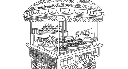 Fototapeta premium Line Illustration of Traditional Street Food Cart with Various Dishes.