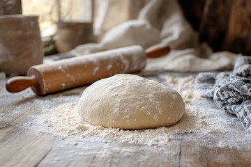 Fototapeta premium Freshly prepared dough rests on a floured wooden surface next to a rolling pin.