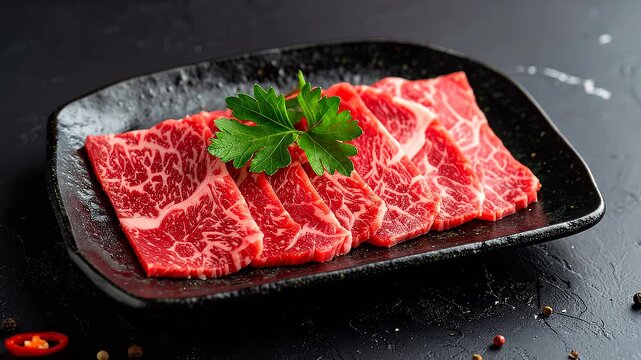 黒い皿に盛られた霜降り牛肉が上質な肉の旨味を想起させる構図