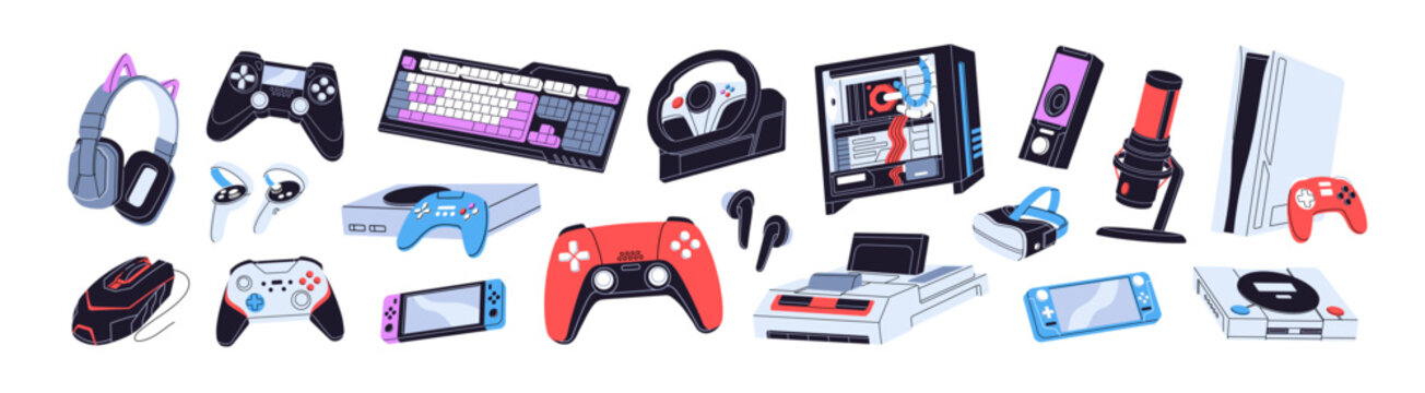 Gaming devices set. Modern computer setup items. Gadgets for video gamers to play videogames: console, joysticks, gamepads, microphone, headset, keyboard. Flat isolated vector illustrations on white