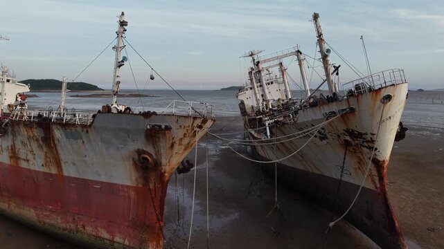 A stranded, dilapidated ship