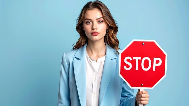 女性がストップサインを持ち冷静な表情で制止を表現