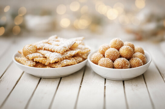 Bowls of traditional Italian carnival pastries, Chiacchiere and Castagnole, dusted with sugar on a rustic white wooden table with festive bokeh background.