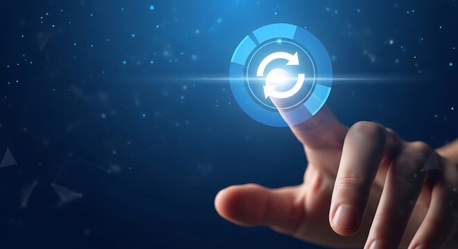 Close-up of a finger pressing a glowing blue refresh or sync button on a digital interface with starry background