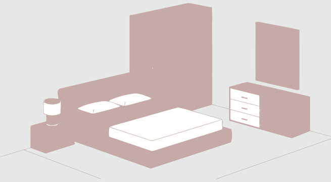 Modern bedroom interior illustration featuring bed, dressing table, almira, table lamp, cozy residential lifestyle, vector design.