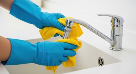 Cleaning kitchen sink with gloves and sponge high quality image