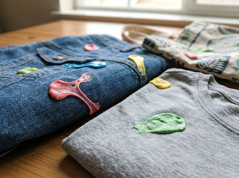 Multiple Pieces of Colorful Chewing Gum Stuck and Smeared on Denim Jacket and Grey T-Shirt