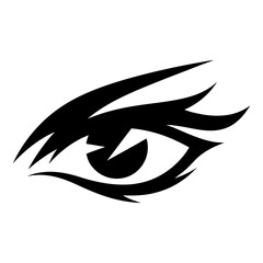 Stylized Female Eye Illustration Featuring a Sharp Intense Gaze and Long Eyelashes in a Bold Black Tribal Vector Art Style Isolated on a White Background for Modern Graphic Design.
