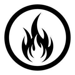 Minimalist black fire flame icon representing heat and combustion, encapsulated in a circular border for use as a warning sign, logo, or safety symbol, clean flat vector design on white.