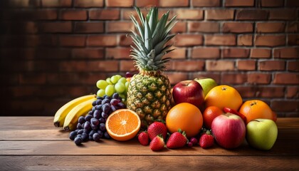colorful fresh fruits on wooden table rustic kitchen brick wall background pineapple oranges grapes berries apples bananas vibrant colors healthy food natural lighting food photography