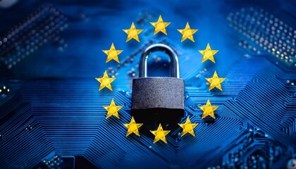 high quality image representing eu cybersecurity directives featuring a lock and stars symbol on a circuit board the image illustrates the integration of eu cybersecurity regulations into digital