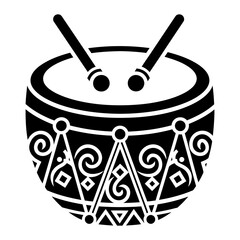 Ornate tribal drum with drumsticks representing rhythmic music and cultural heritage, isolated on a white background for graphic design and logo use, bold black and white vector silhouette.