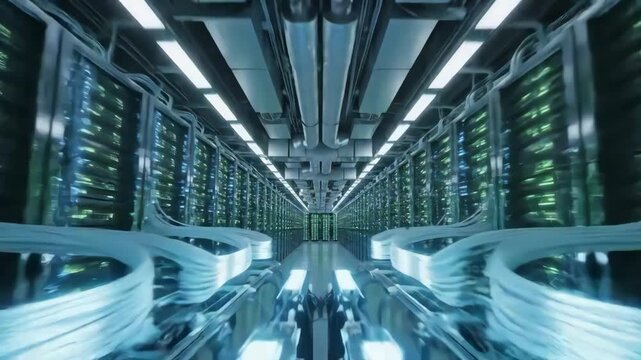 Bitcoin mining operation in a futuristic data center with rows of servers and technology infrastructure