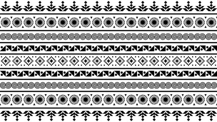 Ethnic geometric horizontal seamless pattern background in black and white with repeating tribal ornaments. Ideal for textile design, wallpaper, wrapping paper, invitation backgrounds, packaging desig
