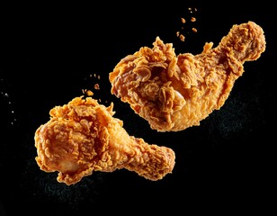 freeze motion of flying golden brown crispy fried chicken on black background levitating food