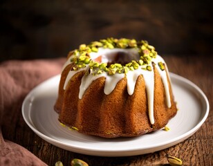 bundt cake vanilla glaze chopped pistachios golden brown cake white ceramic plate rustic wood table soft lighting food photography high detail shallow depth of field professional baking