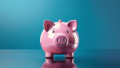 minimalist concept image of a pink piggy bank standing on a wet reflective surface with a blue background