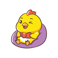 Obraz premium Fashionable Chick Character Wearing Red Bow Tie Sitting on Purple Cushion