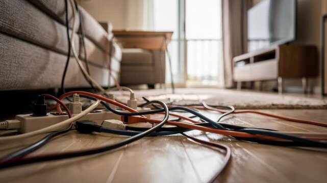 Review of electrical cords crossing traffic pathways in a small condo living room with the tangled cables in crisp detail ahead of a blurry interior backdrop.